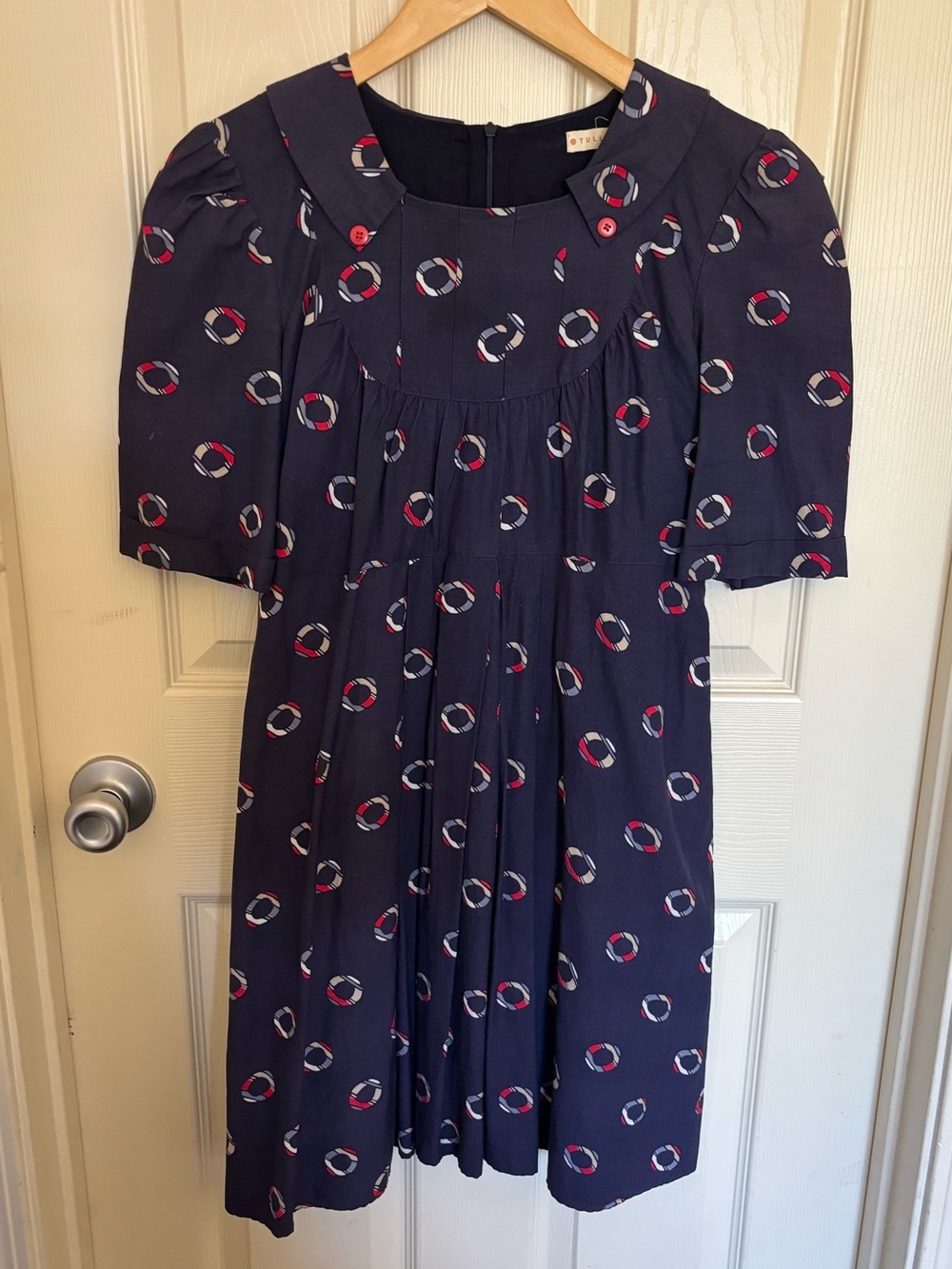 Tulle Navy Nautical Lifesaver Print Pleated Dress Small bold summer print